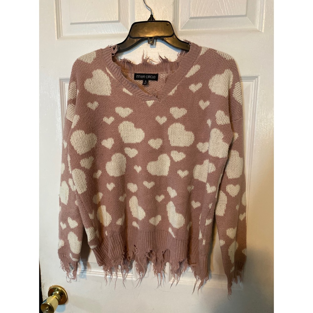 Inner Circle Distressed Heart Knit‎ Sweater Mauve Pink Cream V-Neck Small